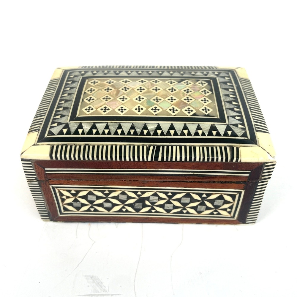 Vintage Turkish Mother of Pearl Inlay Wood Jewelry Box Marquetry Trinket Case
